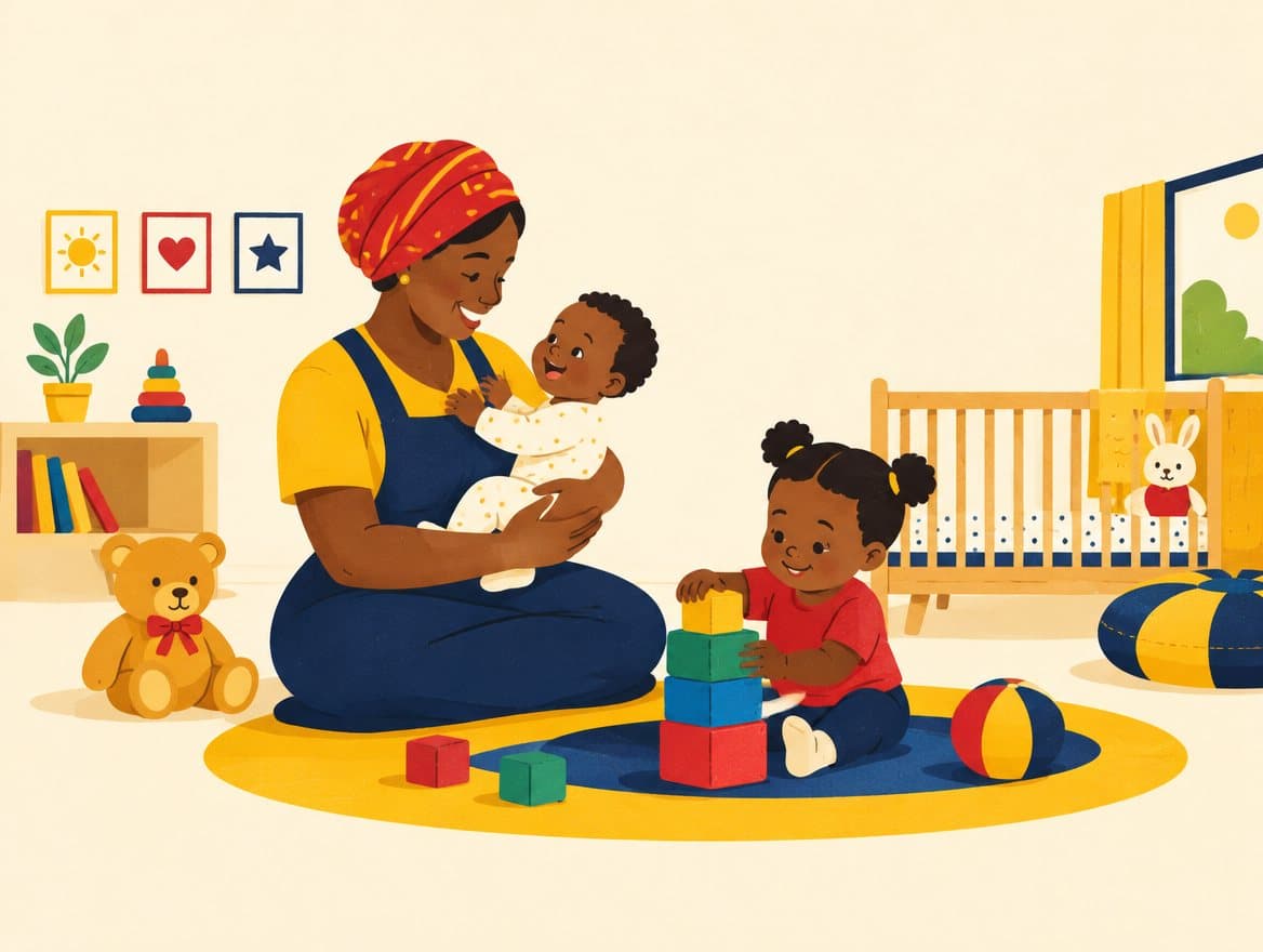 Illustration of a caregiver holding a smiling baby while a toddler stacks soft blocks on a play mat