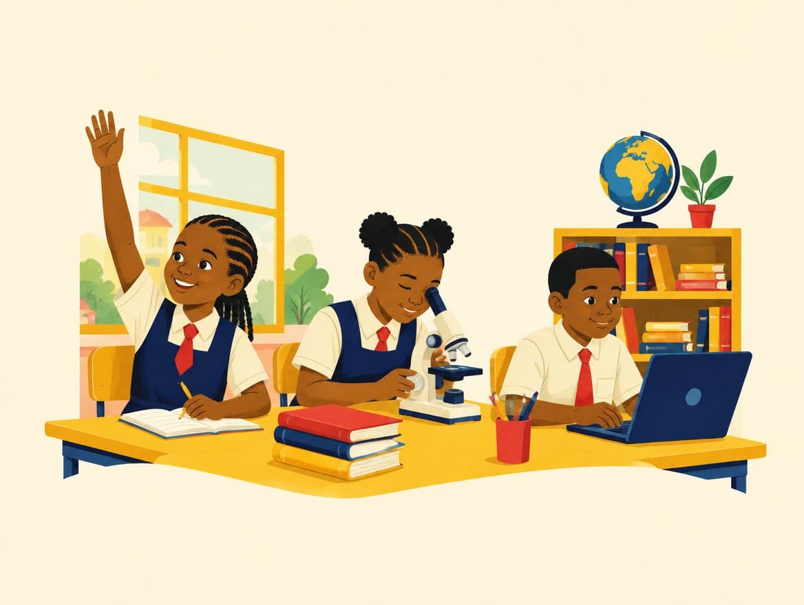 Illustration of primary pupils in a classroom, one raising a hand, one using a microscope and one working on a laptop