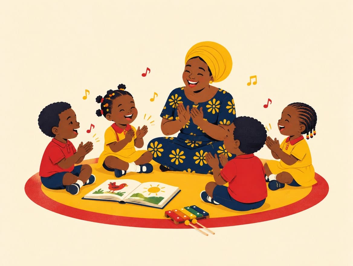 Illustration of nursery children sitting in a circle on a rug, singing and clapping with their teacher