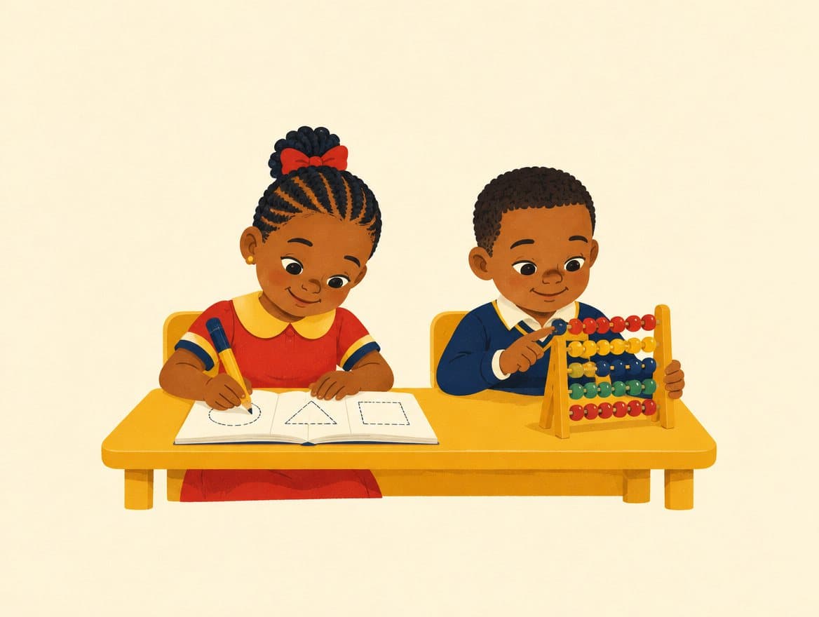 Illustration of two children at a desk, one tracing shapes in an exercise book and the other counting beads on an abacus