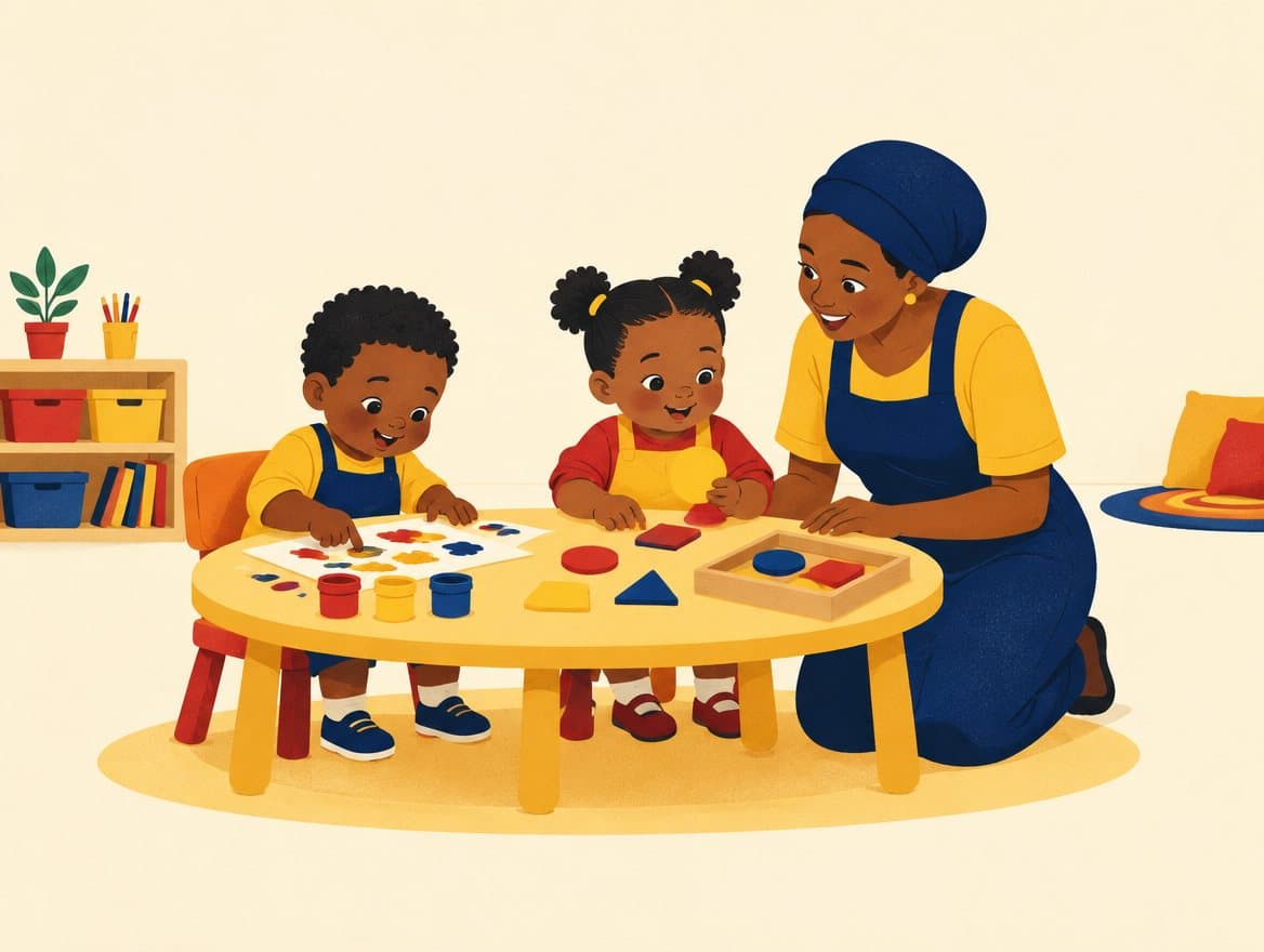 Illustration of two toddlers finger painting and sorting shapes at a low table with their teacher