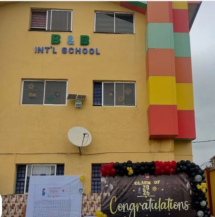 The B&B Int'l School building in Basorun Estate, Akobo, decorated with a Class of 2026 Congratulations banner
