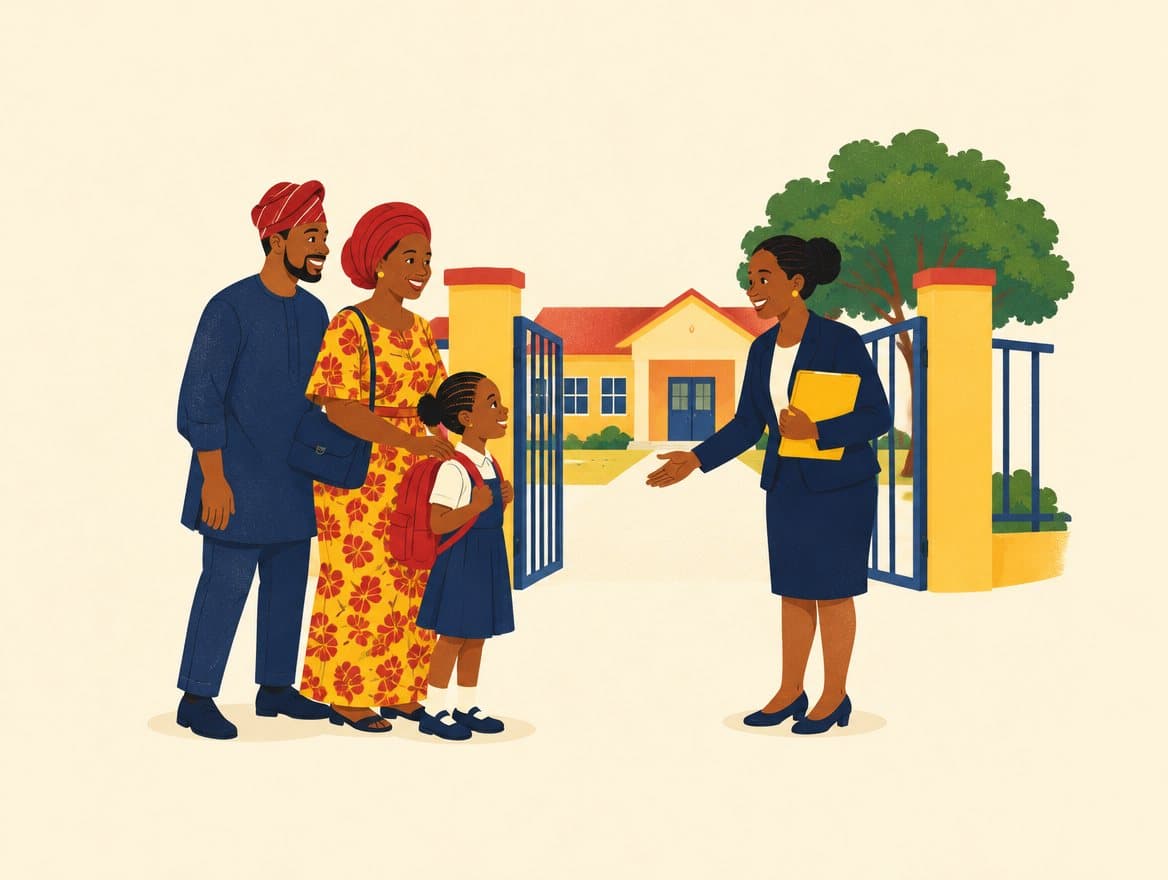 Illustration of a family with their young child being welcomed at the school gate